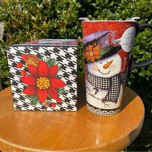 Cypress Home Holiday Christmas Snowman And Birds Travel Mug Ceramic 17oz
